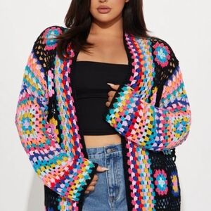Colorful Crochet Open-Front Cardigan